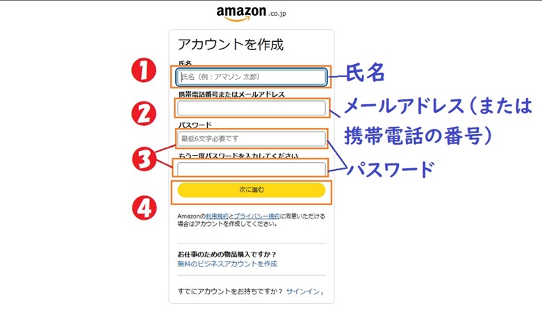 amazonのアカウントを作成、メールアドレス