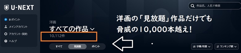 unextの作品数、洋画の見放題だけでも10000越え