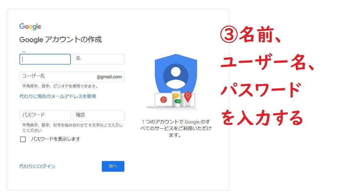 名前とユーザー名とパスワード